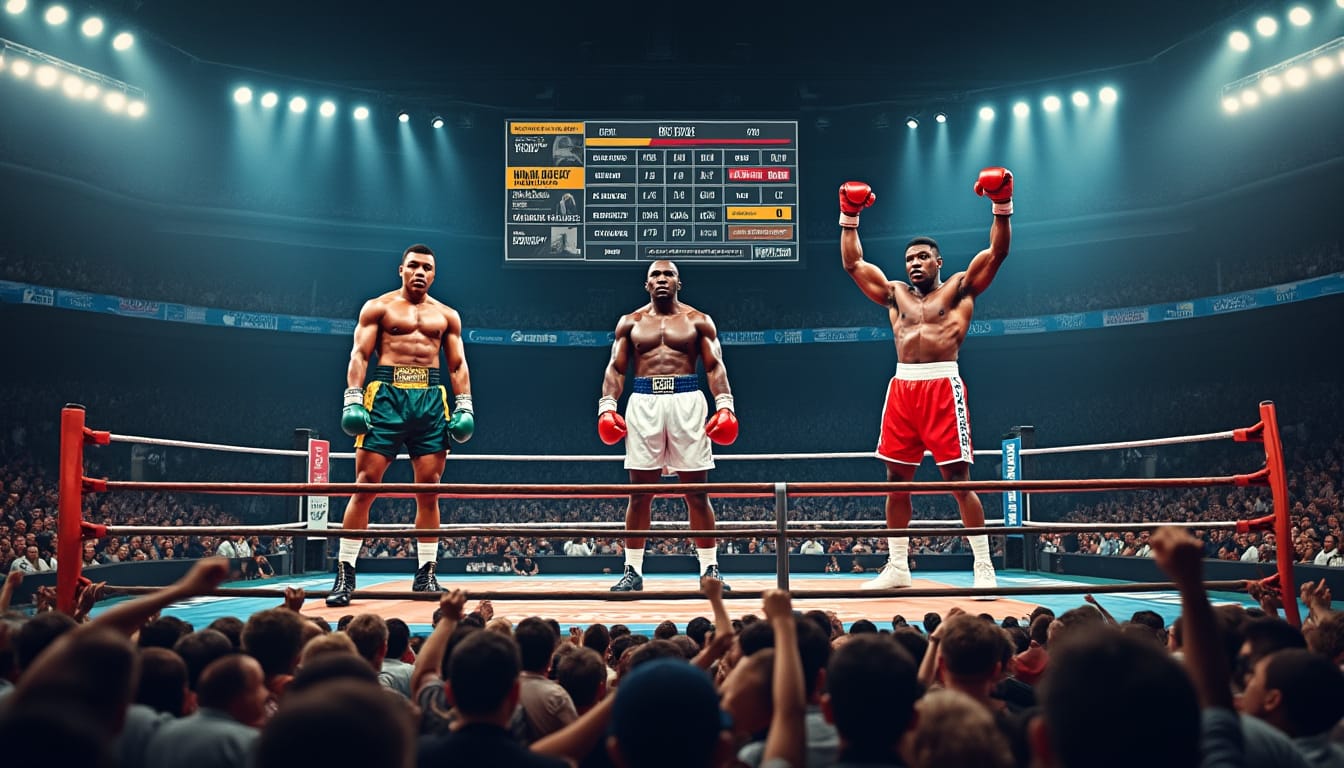 Trois boxeurs bras levés sur un ring illuminé, devant des gradins combles et un tableau d'affichage.