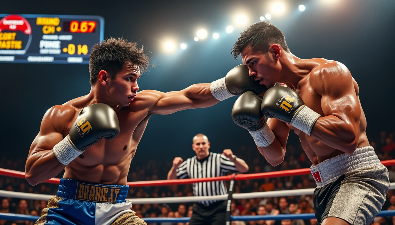 Deux boxeurs échangent un direct sur un ring, l'arbitre en retrait, avec une surimpression de données chiffrées.