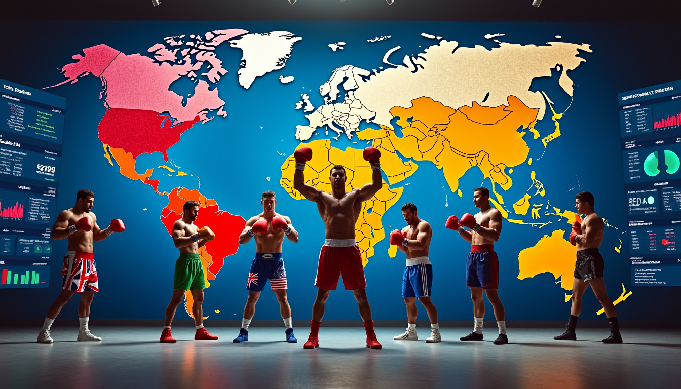 Des boxeurs de différentes nationalités posent devant une grande carte du monde colorée.