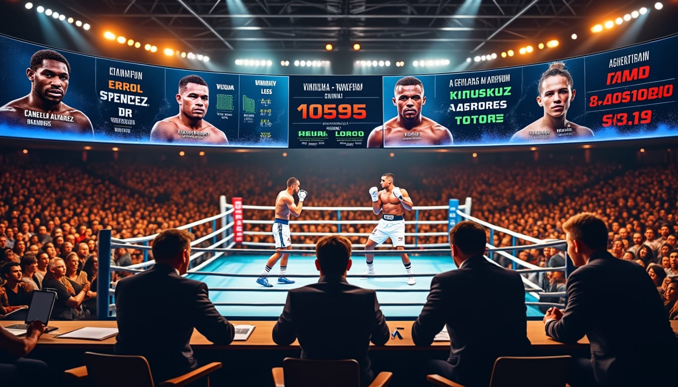 Vue plongeante sur un ring éclairé pendant un combat, des observateurs assis au premier rang, écrans géants en fond.