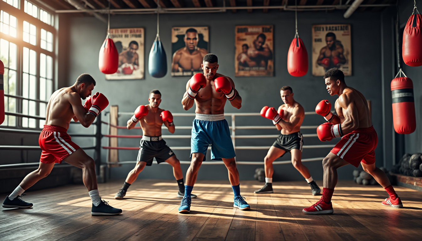 Séance de sparring dans une salle de boxe : plusieurs boxeurs en short rouge et bleu, sacs de frappe suspendus, affiches au mur.