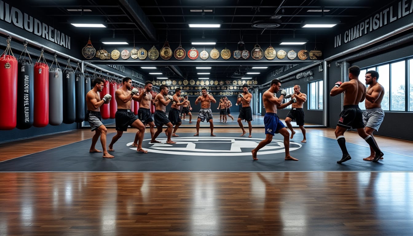 Vaste salle d'entraînement au parquet brillant, plusieurs boxeurs à l'échauffement entre les sacs de frappe.