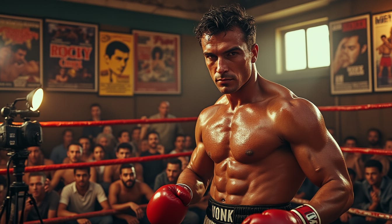 Un boxeur torse nu, gants rouges, fixe l'objectif sur un ring éclairé, une caméra de cinéma au premier plan.