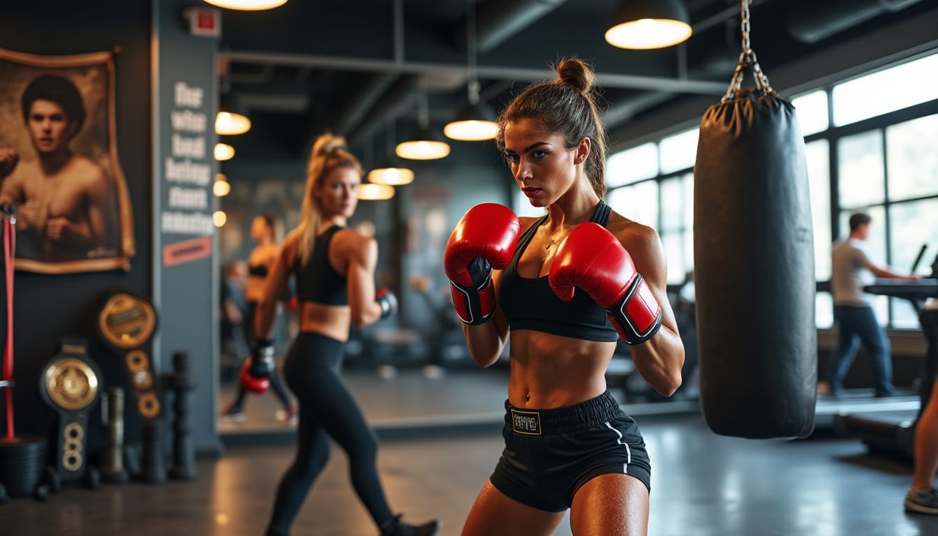 Une boxeuse en garde devant un sac de frappe dans une salle de sport moderne.