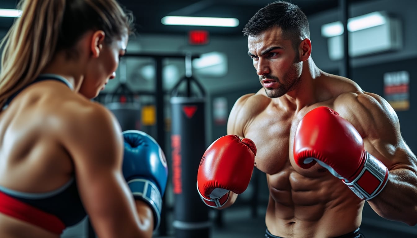 Un boxeur et une boxeuse en garde, gants rouges, dans une salle d'entraînement.
