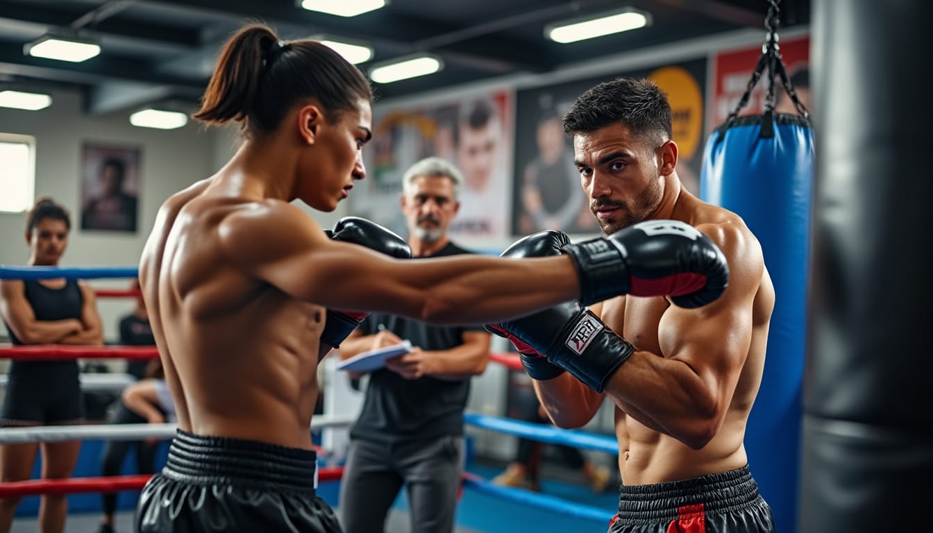 Deux boxeurs travaillent le direct sur un ring pendant qu'un entraîneur prend des notes.