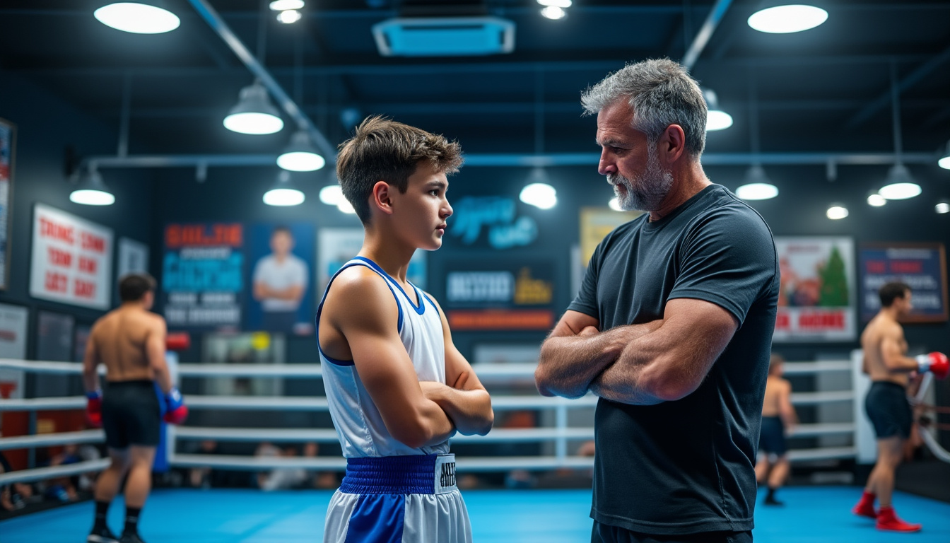 Un adolescent en débardeur de boxe discute avec un entraîneur aux cheveux gris dans une salle.
