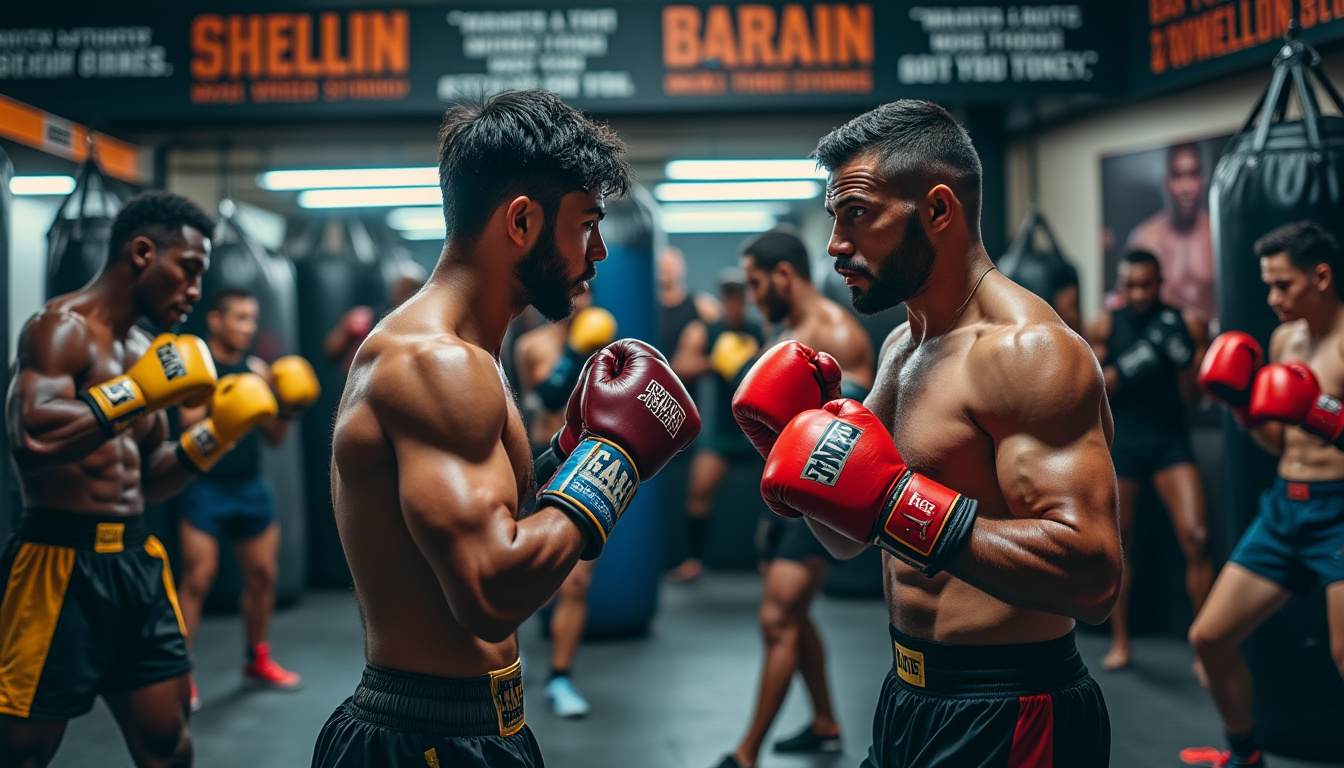 Plusieurs boxeurs en garde, gants de couleurs variées, dans une salle animée.