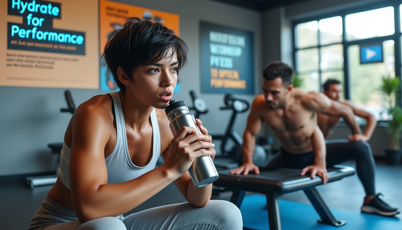 Une sportive boit à une gourde, assise sur un banc, un homme s'entraîne en arrière-plan sous une affiche d'hydratation.