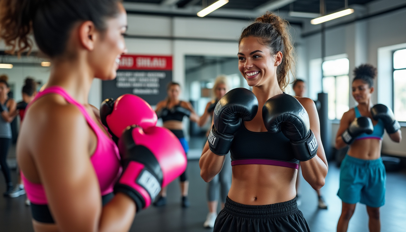 Deux boxeuses en garde, gants roses et noirs, lors d'un cours collectif.
