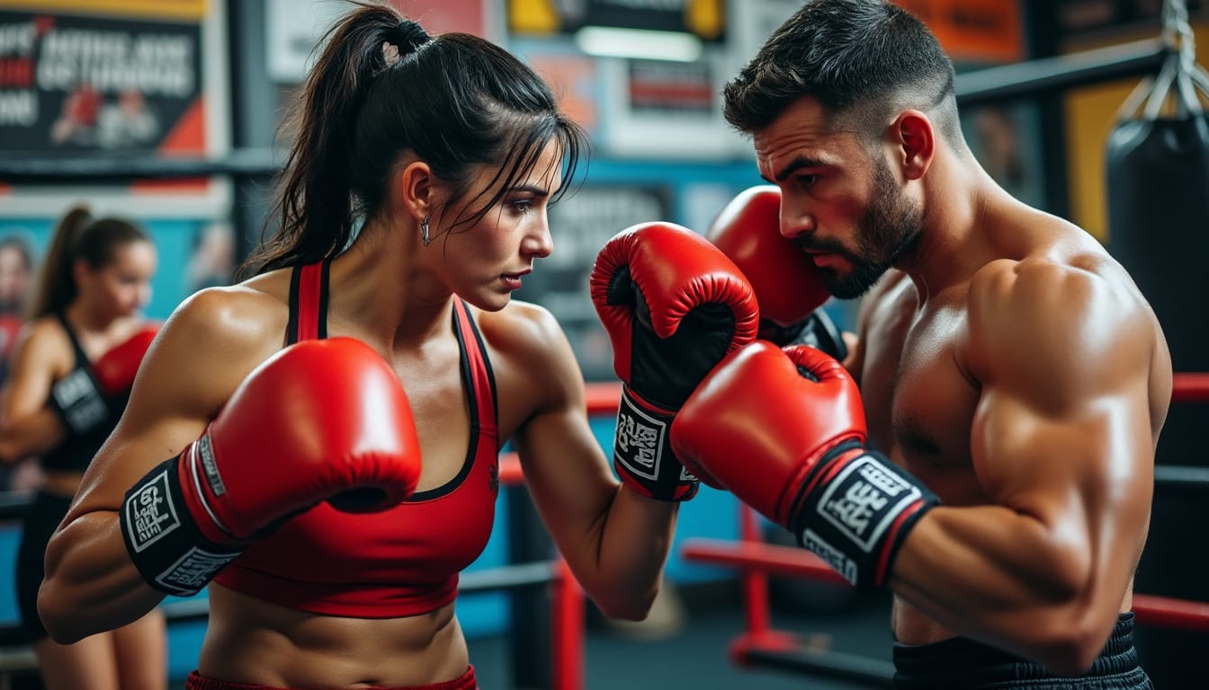 Une boxeuse et un boxeur en garde rapprochée, gants rouges, dans une salle d'entraînement.