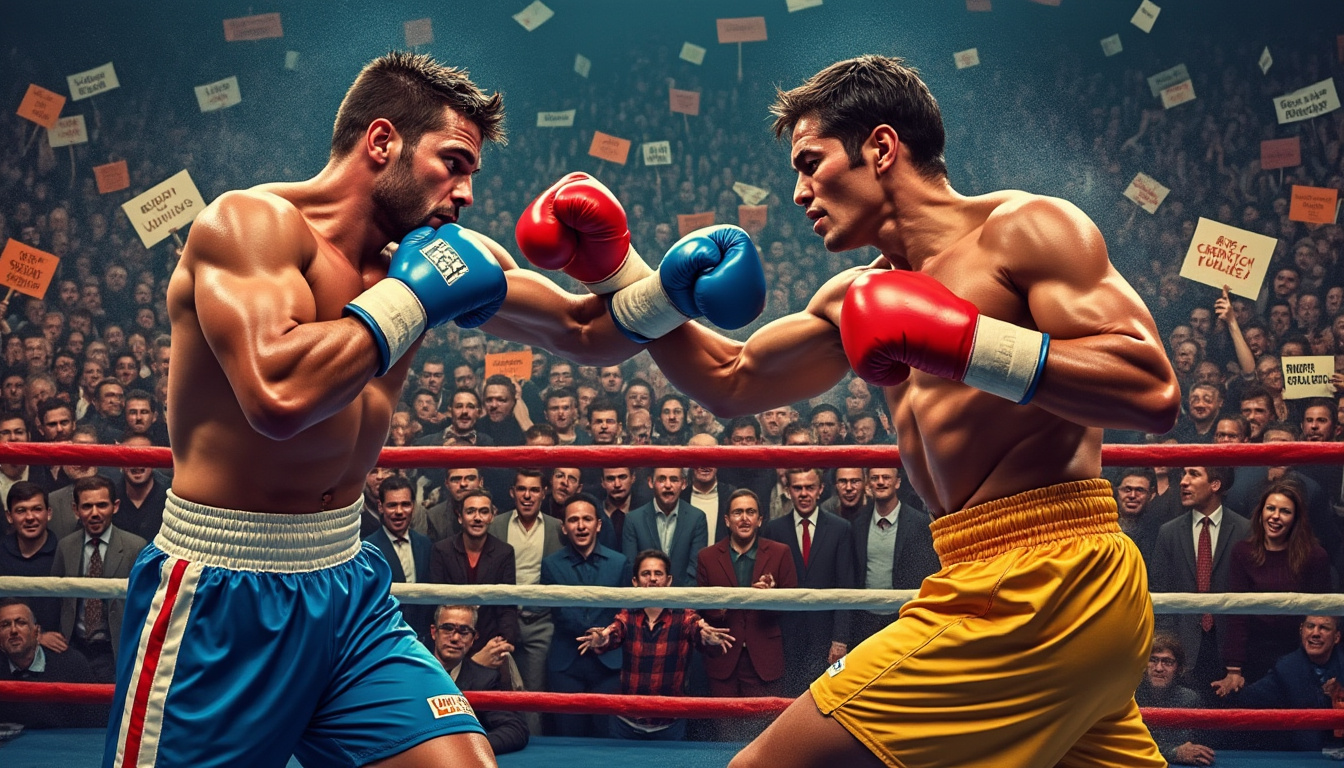 Deux boxeurs s'affrontent au centre d'un ring entouré d'une foule et de papiers volants.