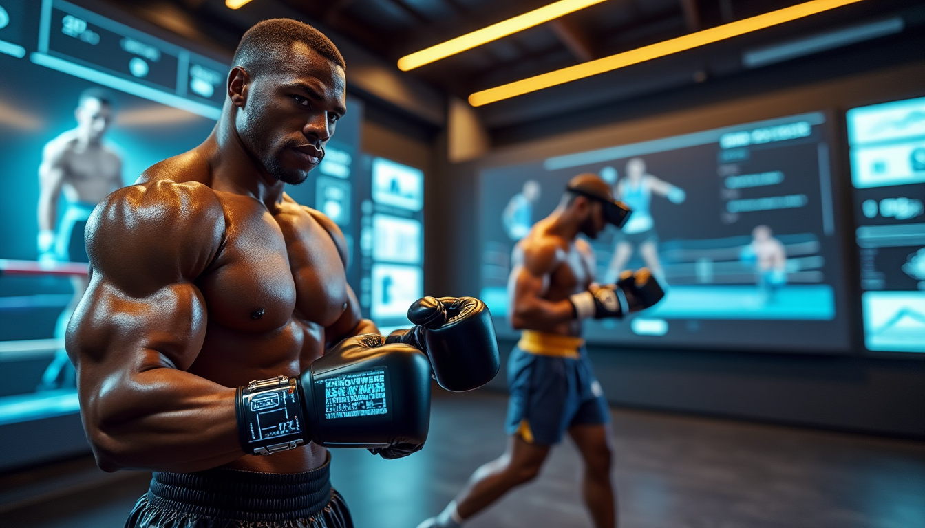 Un boxeur consulte un bracelet connecté dans une salle équipée d'écrans lumineux.