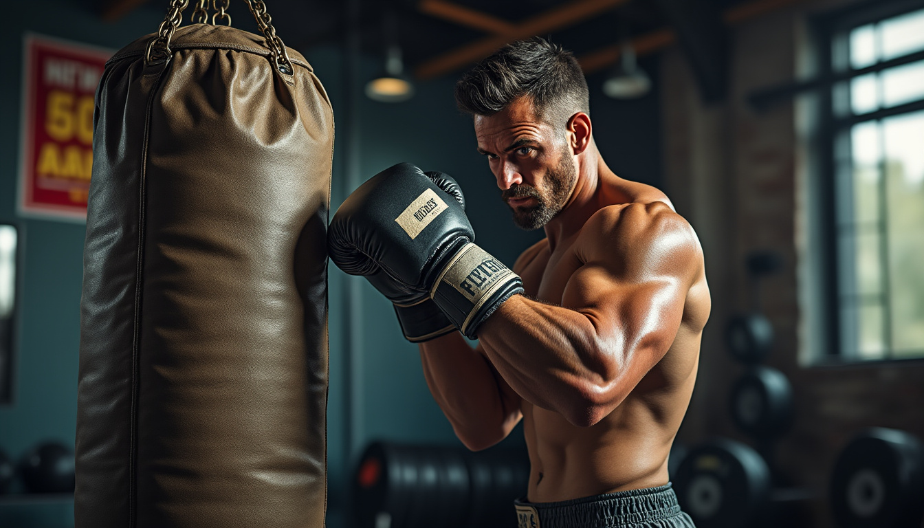 Un boxeur torse nu frappe un lourd sac de toile dans une salle claire.