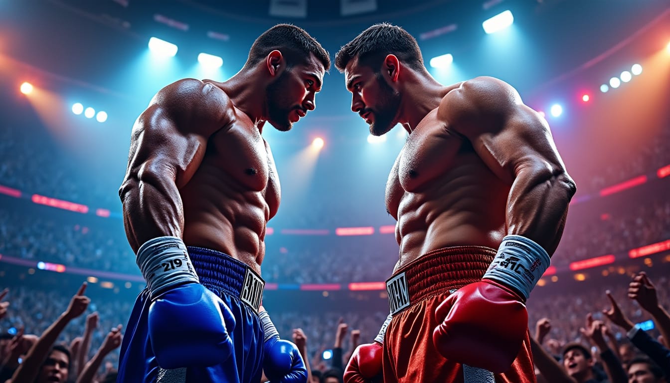 Deux boxeurs se toisent front contre front sous les projecteurs, shorts bleu et rouge.