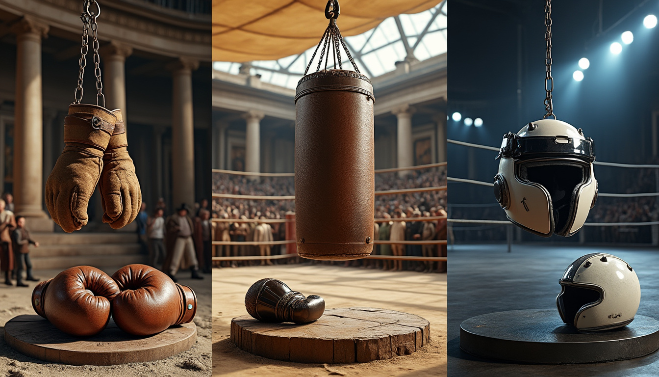 Triptyque : des gants de cuir anciens, un sac de frappe et un casque de protection moderne.