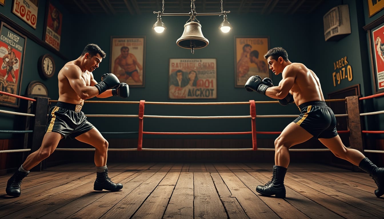 Deux boxeurs en garde sur un ring en bois, cloche et affiches anciennes autour.