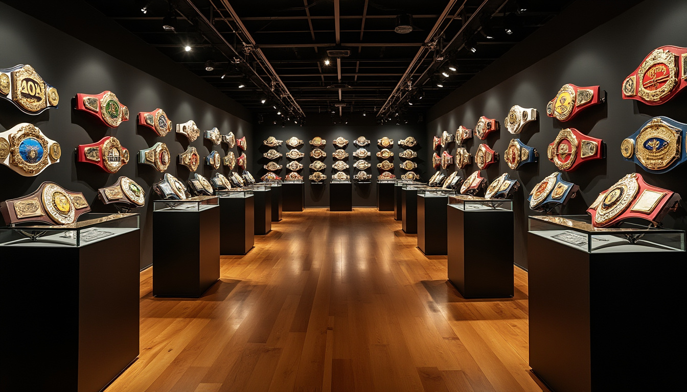 Galerie d'exposition alignant des ceintures de champion en vitrine.