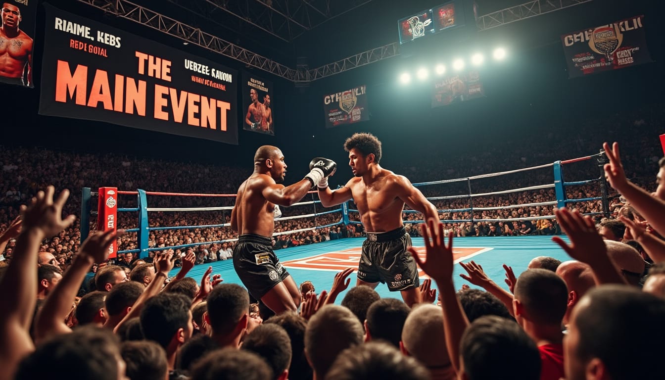 Combat sur un ring devant une foule debout, écran géant en fond.