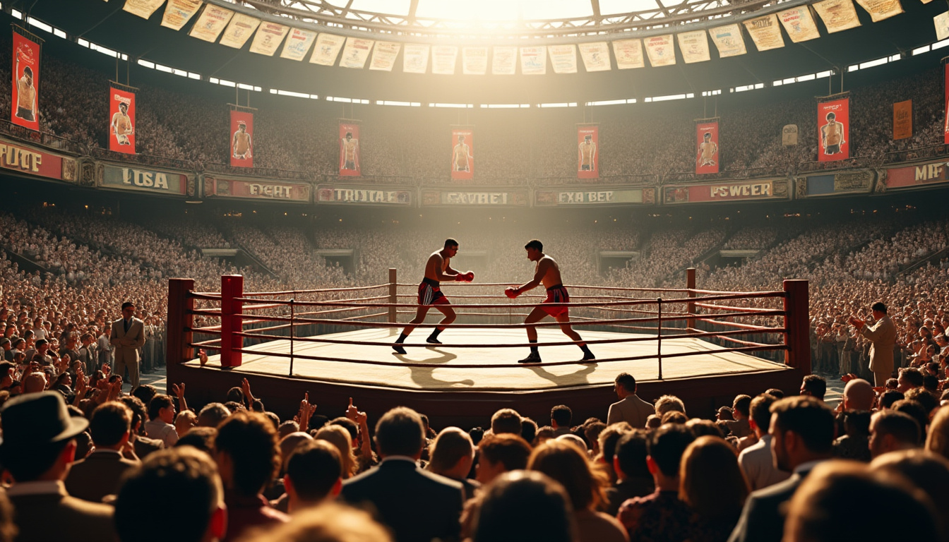 Vue large d'un ring éclairé au centre d'une arène comble, deux boxeurs au combat.