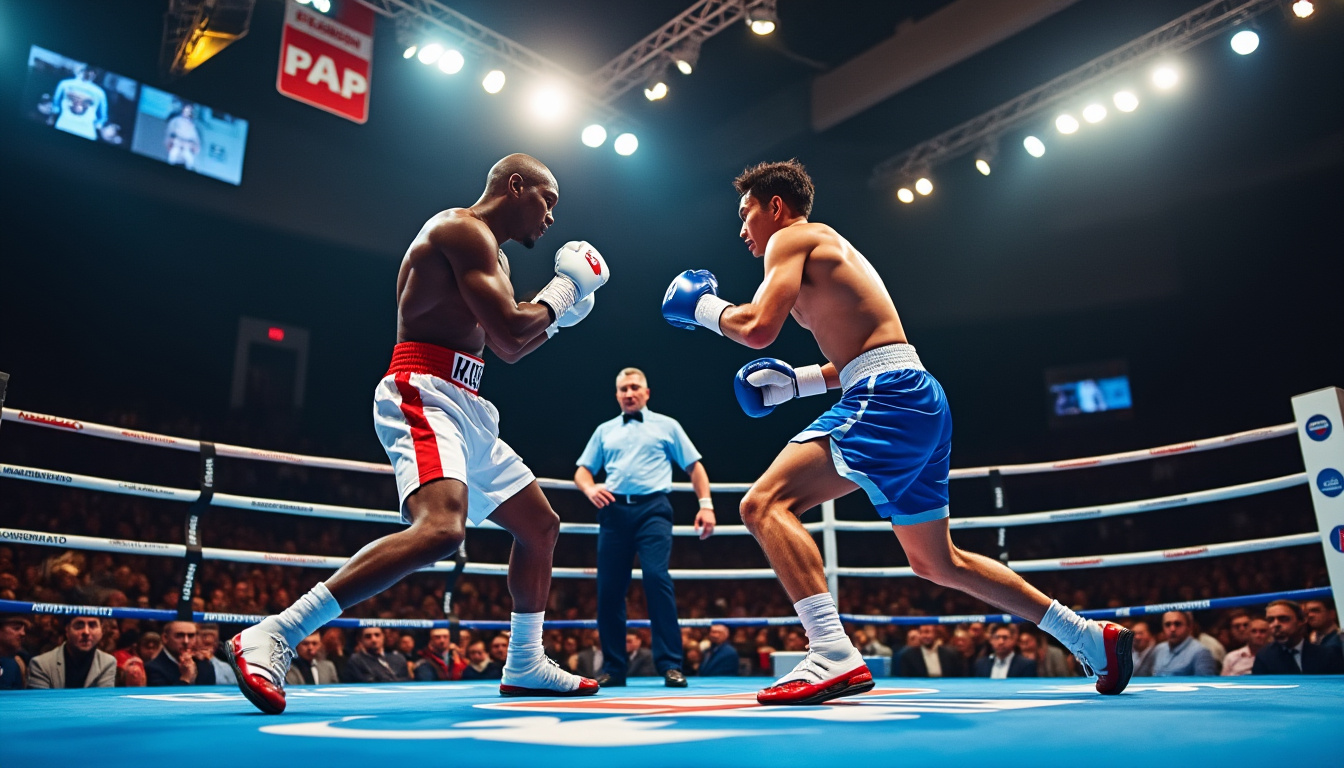 Deux boxeurs casqués s'affrontent sur un ring bleu, l'arbitre en chemise bleue les surveille.
