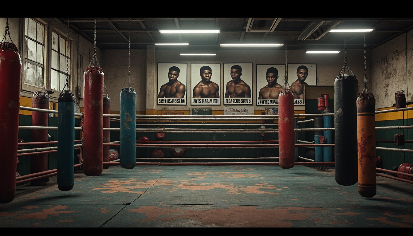 Salle de boxe vide : ring central, sacs de frappe suspendus, portraits au mur.