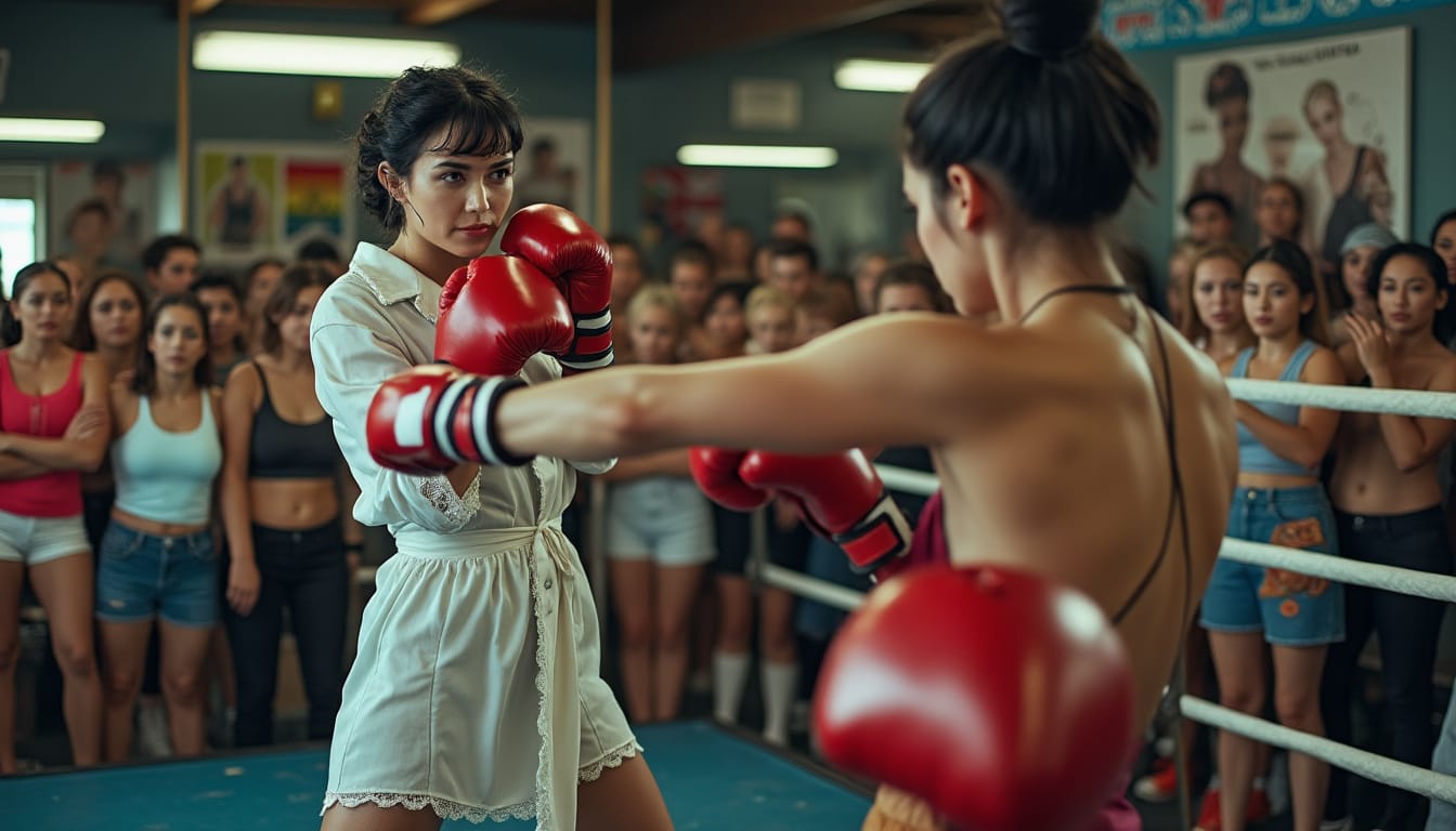 Deux femmes en tenue ancienne boxent avec des gants rouges, entourées d'un public féminin.