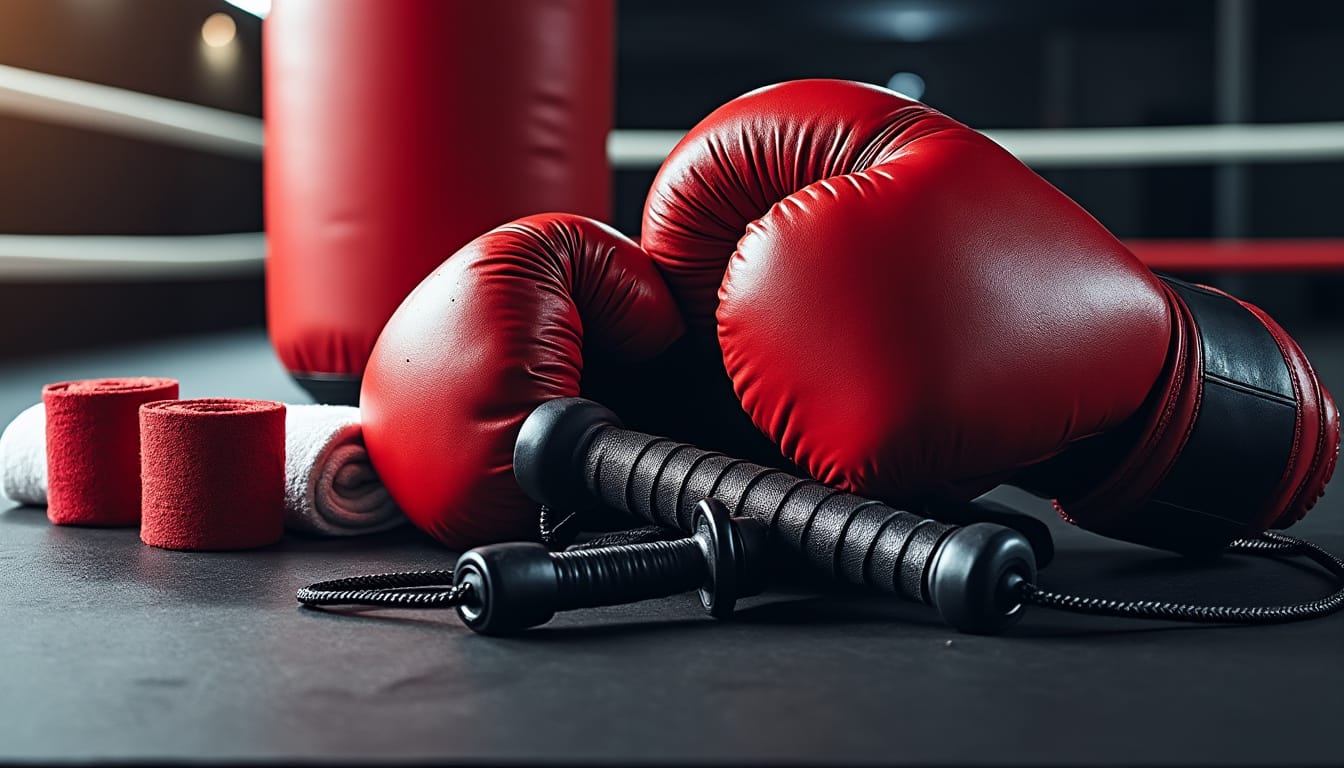 Nature morte : gants de boxe rouges, bandes de maintien et corde à sauter posés au sol.
