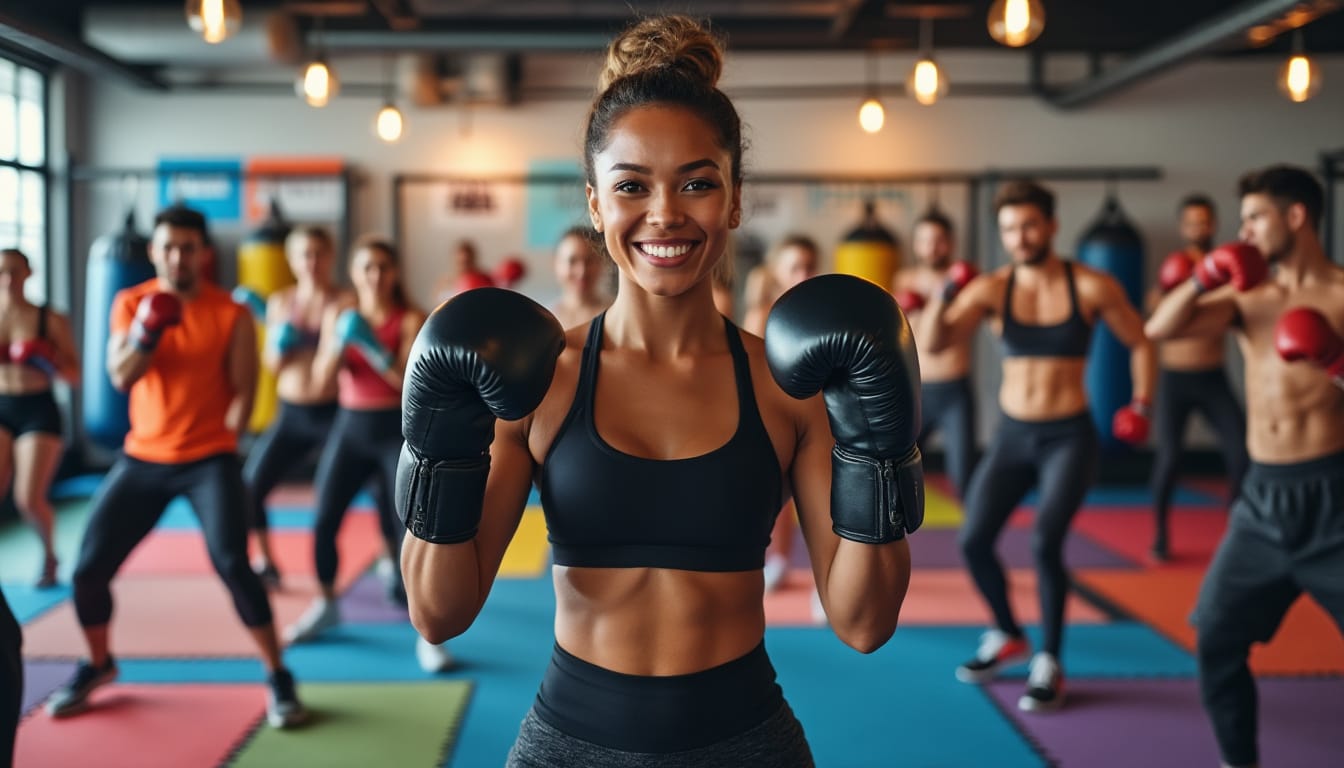 Une pratiquante souriante en garde lors d'un cours collectif de cardio-boxing.