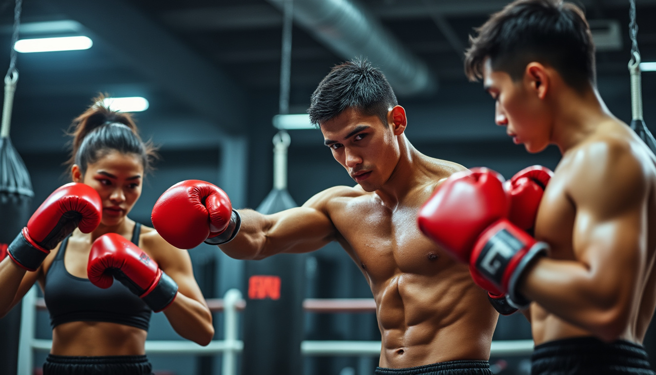 Deux boxeurs travaillent le direct face à face dans une salle d'entraînement.