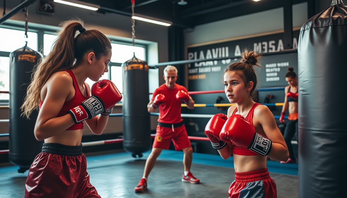 Deux jeunes boxeuses en garde devant les sacs de frappe.