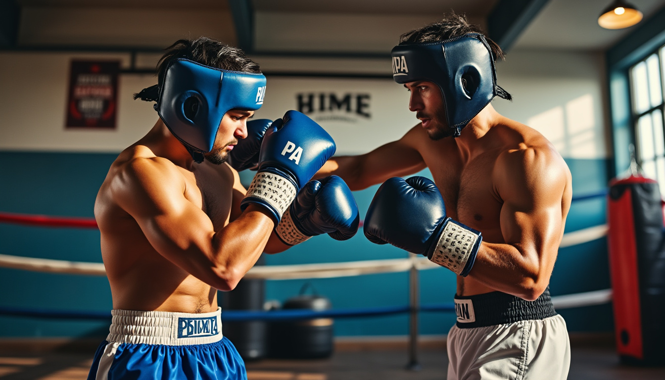 Deux boxeurs casqués, en bleu et blanc, échangent des coups sur un ring.