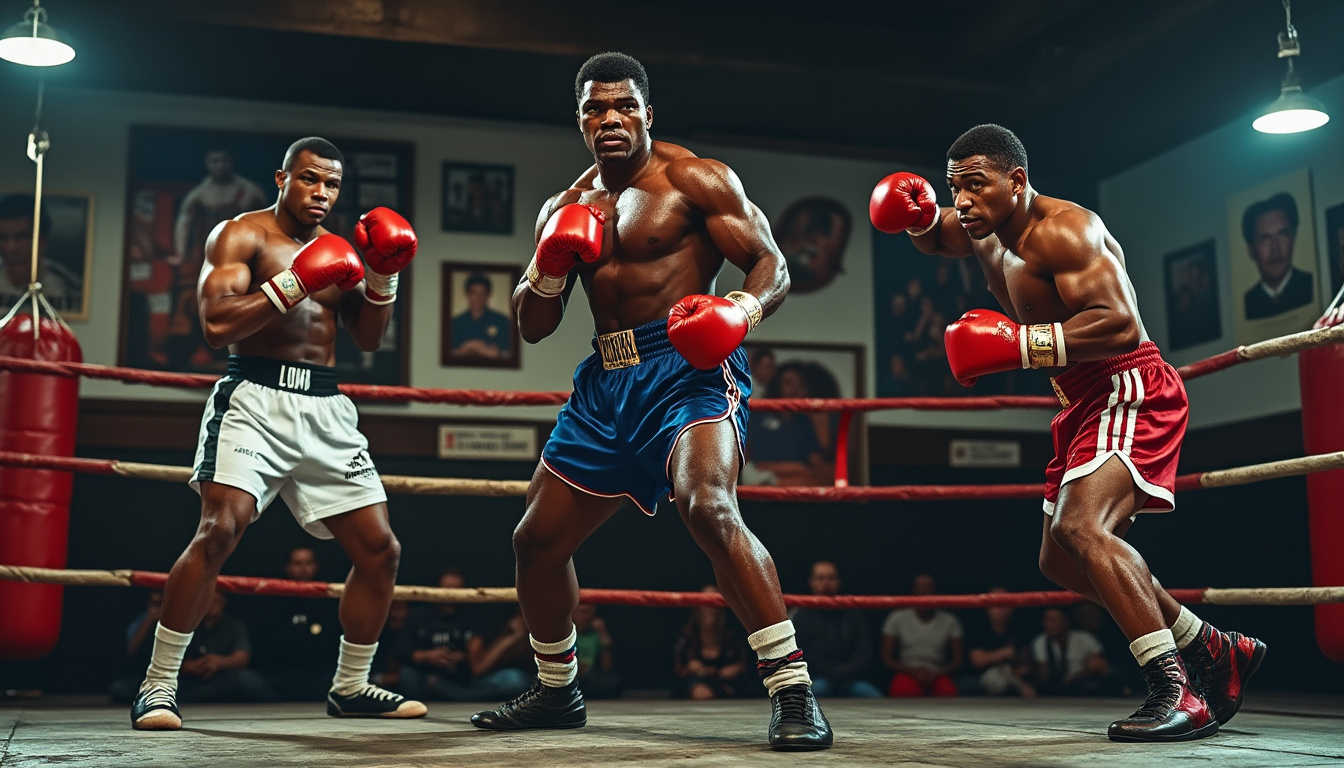 Trois boxeurs en action sur un ring dans une salle aux murs d'affiches.