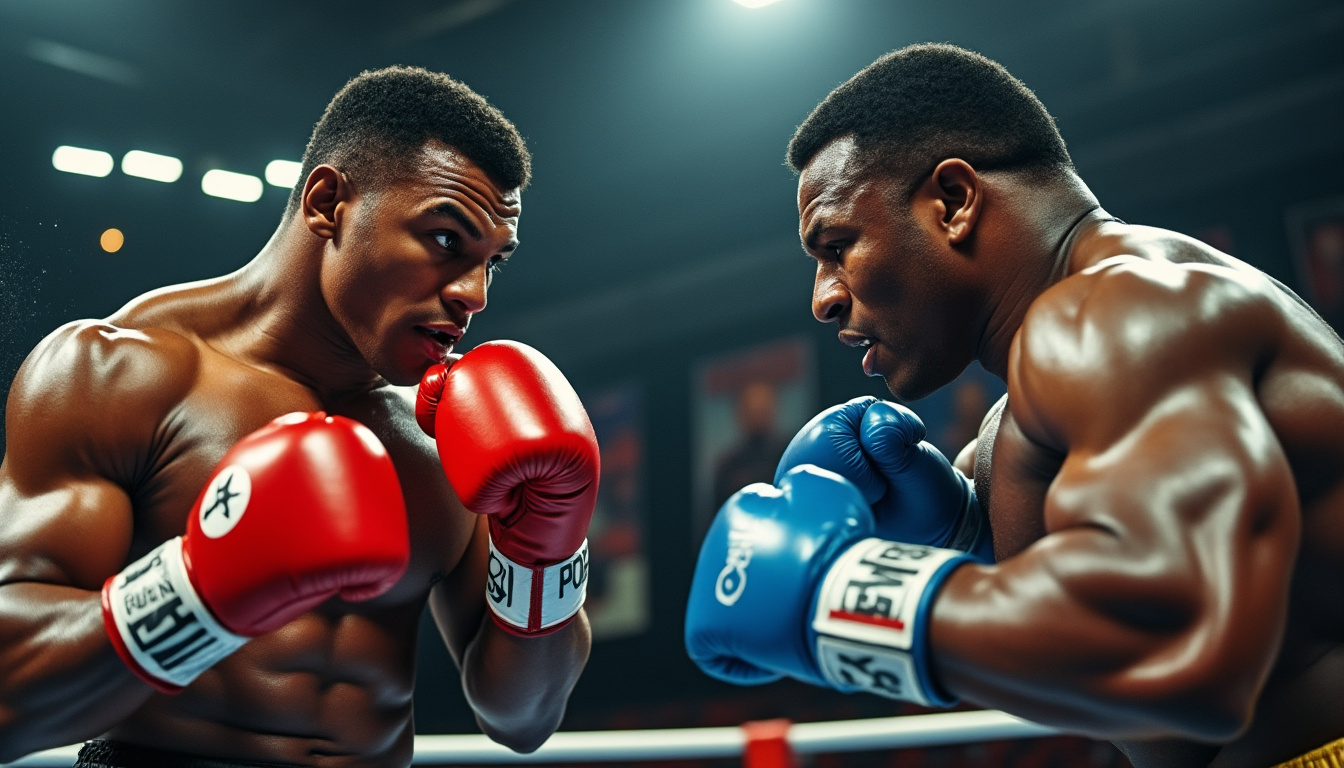 Deux boxeurs en garde, gants rouge et bleu, se font face de profil.