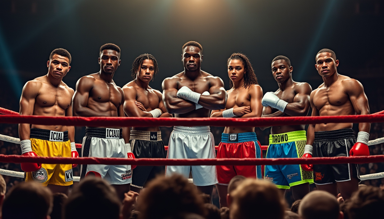 Groupe de boxeurs alignés derrière les cordes d'un ring, face au public.