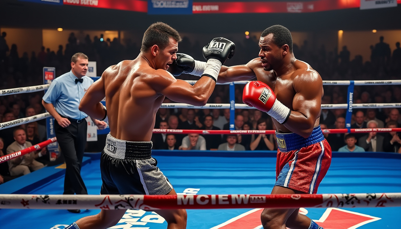 Deux boxeurs s'affrontent sur un ring bleu, l'arbitre en chemise bleue derrière eux.