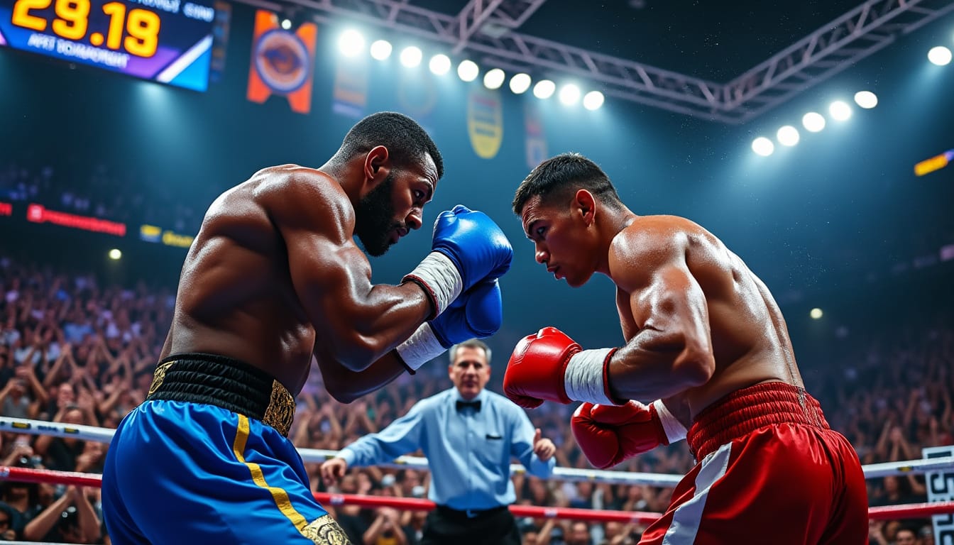 Deux boxeurs s'affrontent sur un ring sous les projecteurs, l'arbitre entre eux.