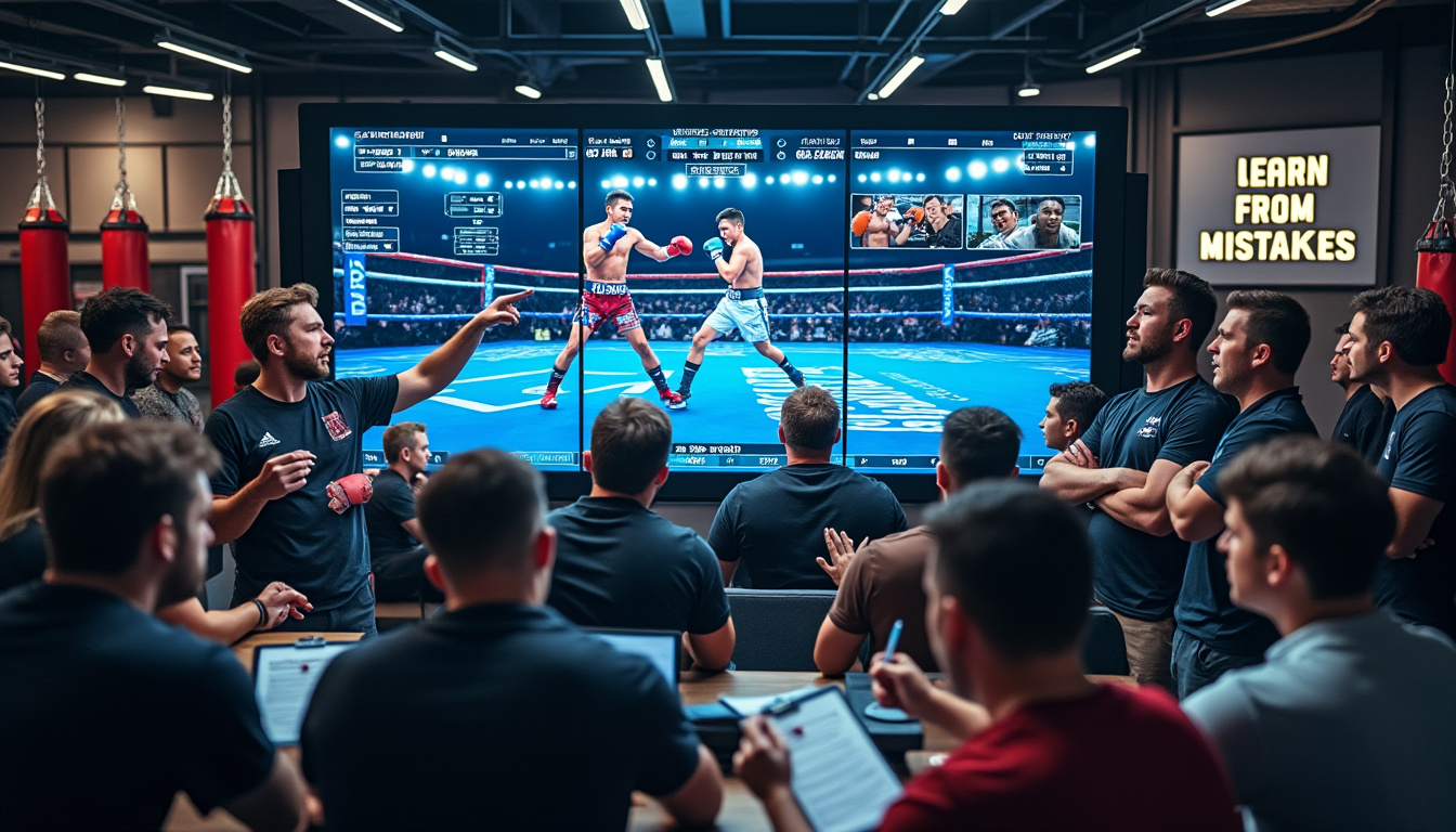 Un groupe analyse un combat projeté sur grand écran dans une salle de réunion sportive.