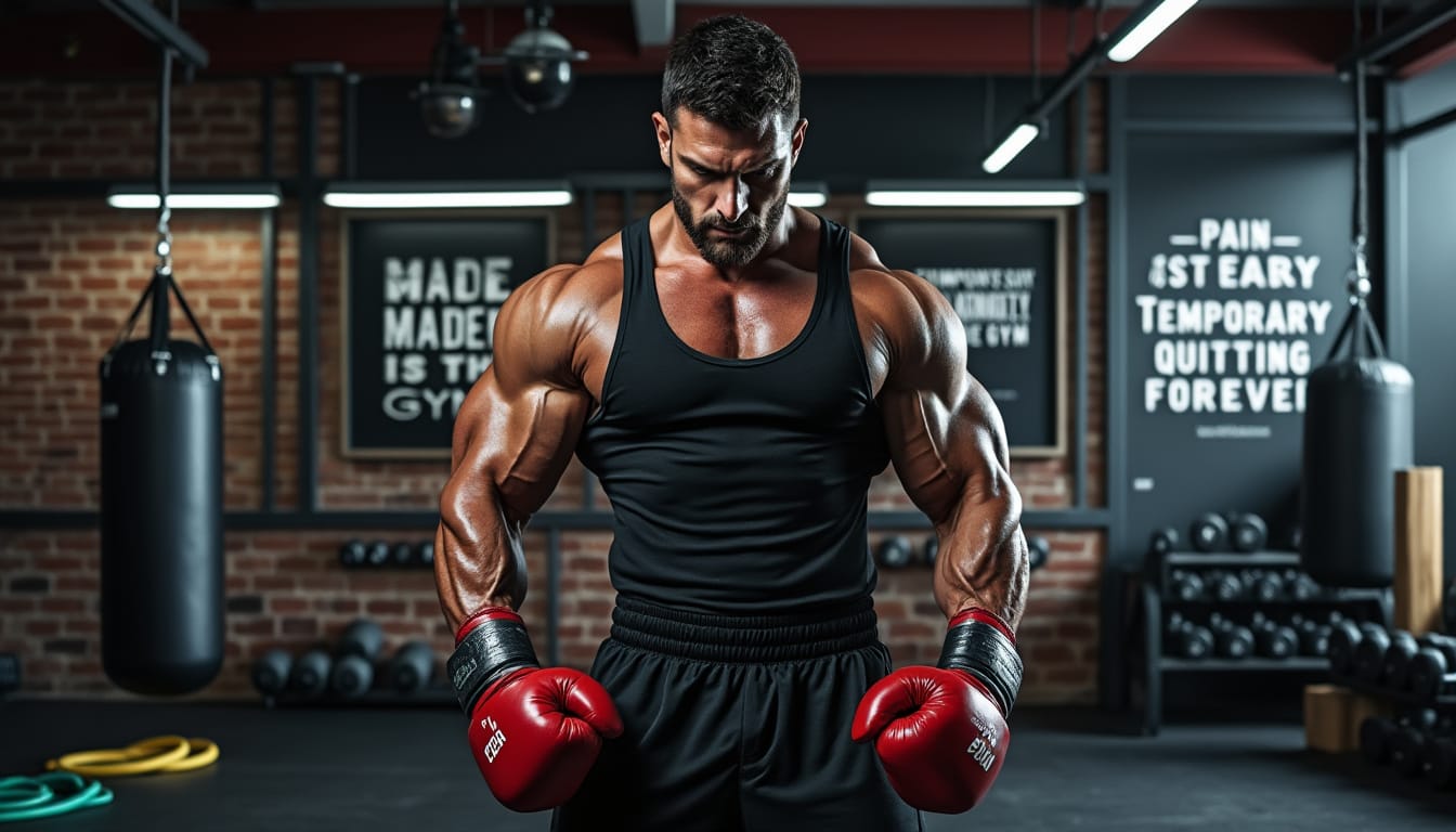 Un boxeur musclé en gants rouges pose dans une salle équipée de sacs et d'haltères.
