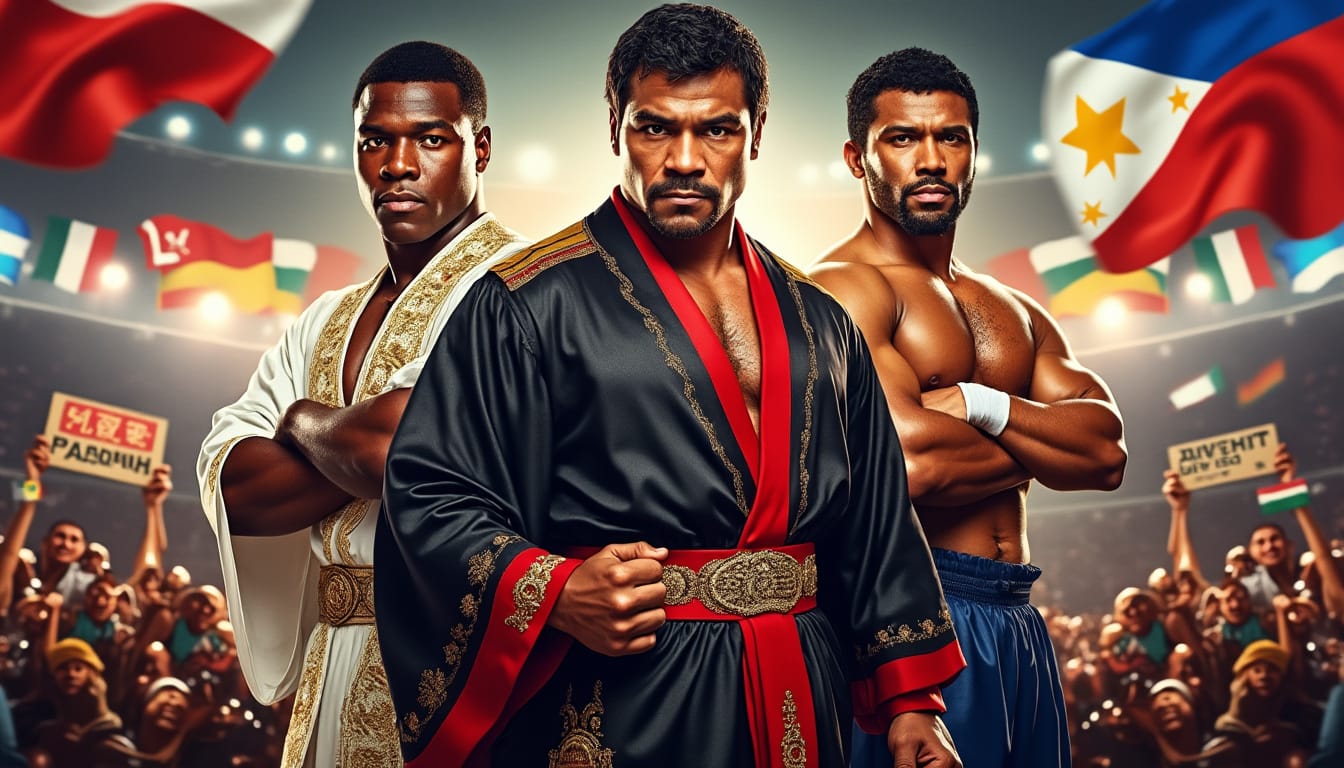 Un boxeur en peignoir de champion, ceinture à la taille, entouré de deux combattants, drapeaux en fond.