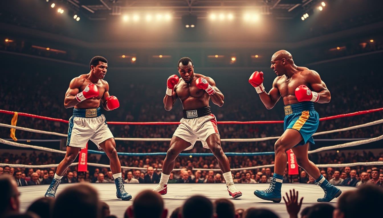Trois boxeurs en action sur un ring devant un public au premier plan.