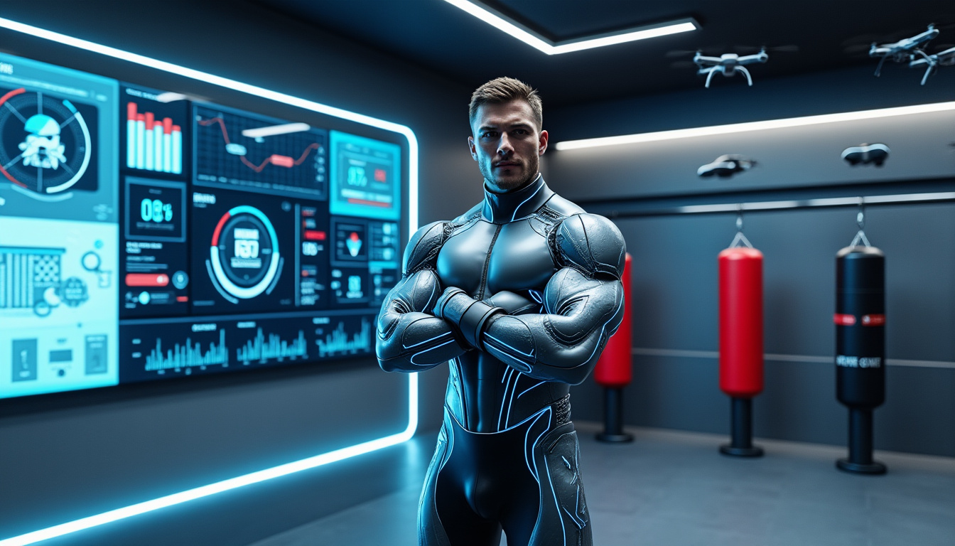 Un athlète en combinaison technique pose devant un mur d'écrans de données dans une salle futuriste.
