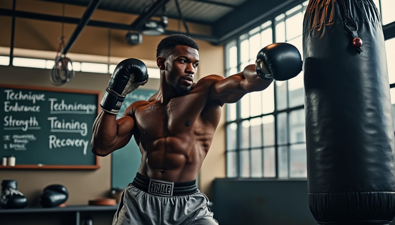 Un boxeur frappe un sac devant un tableau noir listant technique, endurance et récupération.
