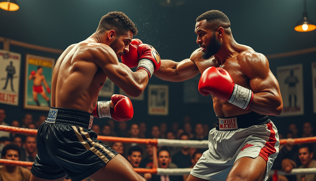 Deux boxeurs échangent des coups sur un ring, affiches anciennes au mur.