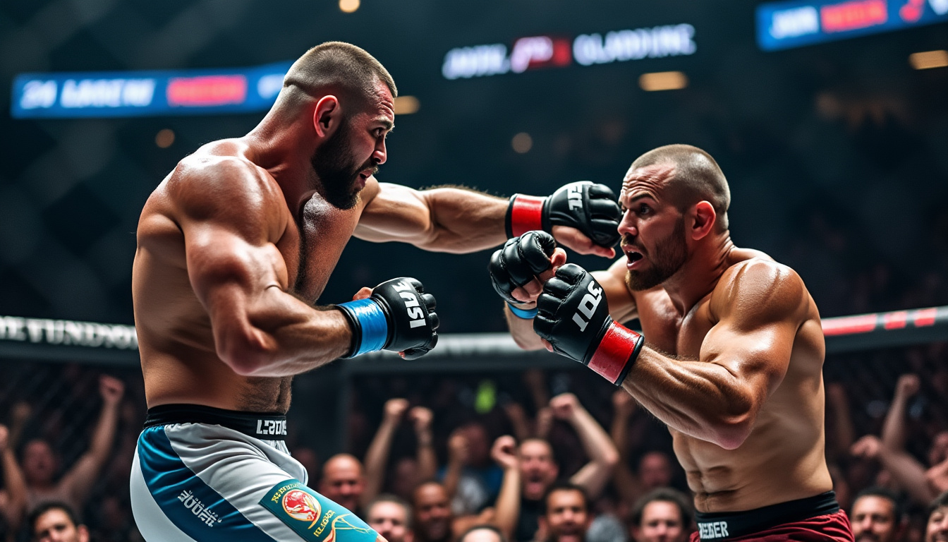 Deux combattants en gants de MMA s'affrontent dans une cage devant un public.