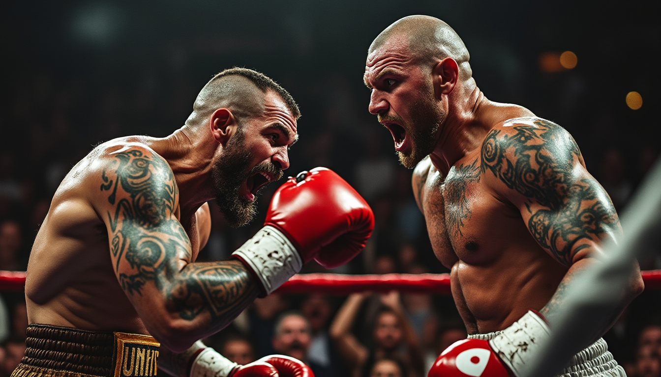 Deux boxeurs tatoués s'échangent un coup au corps à corps.
