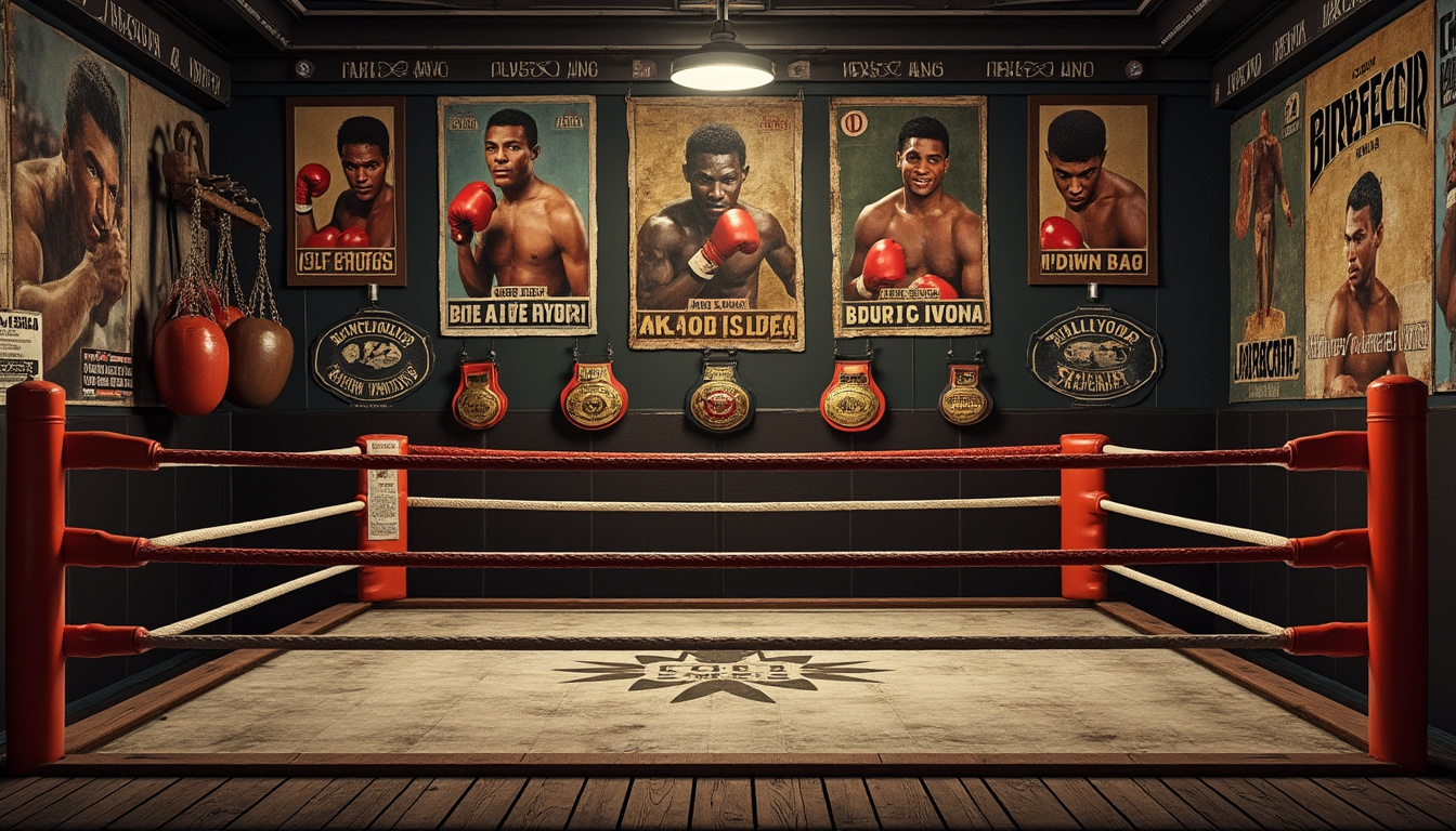 Salle de boxe historique vide : ring central, ceintures et portraits accrochés aux murs.