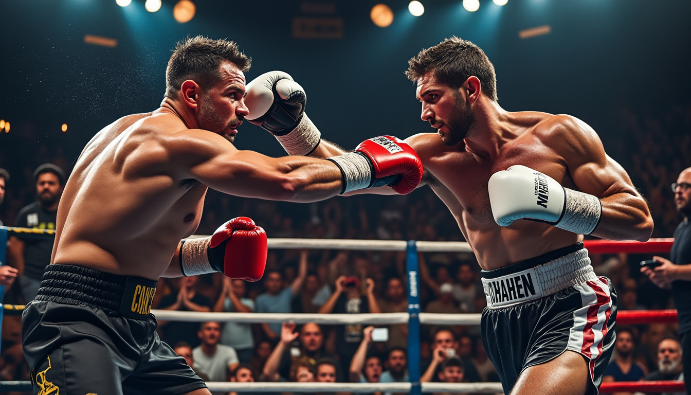 Deux boxeurs s'affrontent sur un ring devant des photographes et un public.
