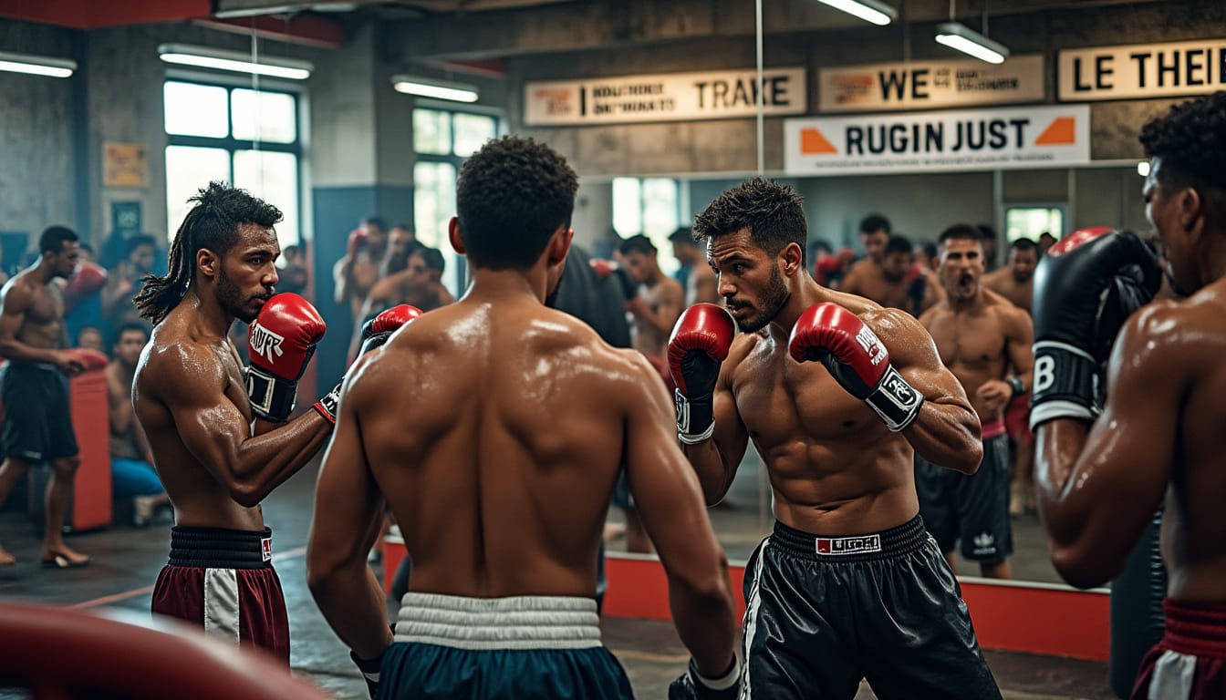 Groupe de boxeurs torse nu en garde dans une salle d'entraînement bondée.