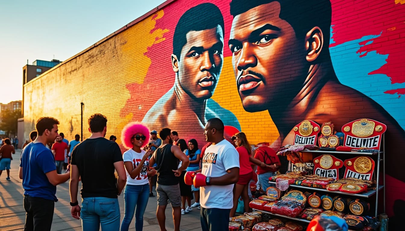 Fresque murale colorée représentant deux boxeurs, des passants devant un stand de rue.
